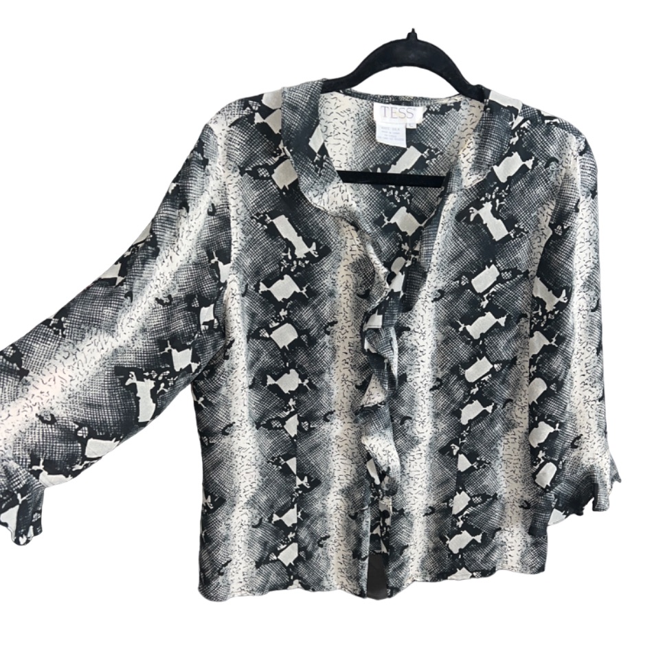 Vintage 100% Silk Western Snake Print Button Up With Ruffles